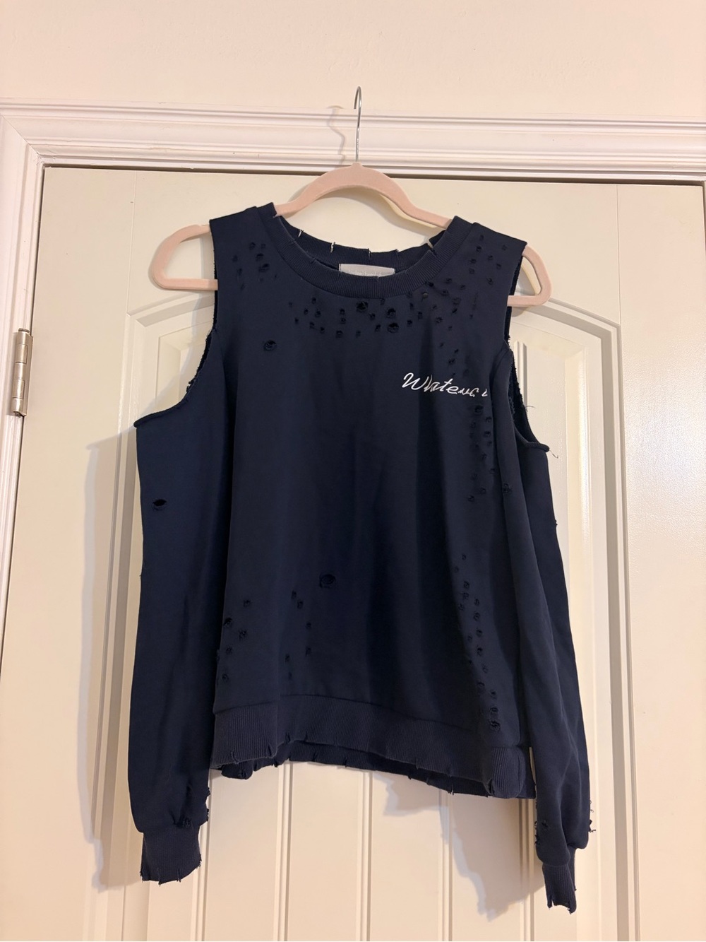 Cold-Shoulder Distressed Sweatshirt in Navy with Script Logo
